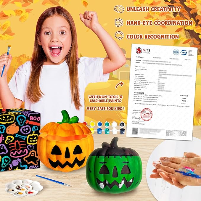 FUNZBO Paint Your Own Lamp Kit, Arts and Crafts Supplies Painting Kits for Kids Teens Adults, 5.7x4.7in Pumpkin Candy Bucket, DIY Night Light Toys Christmas Holiday Gift for Toddlers Girls Boys Age 3+