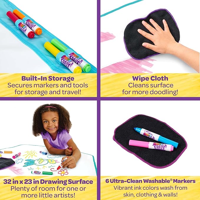 Crayola Color and Erase Mat, Giant Reusable Coloring Pad, Washable Markers, Travel Activity for Kids, Gift for Kids, Ages 3+