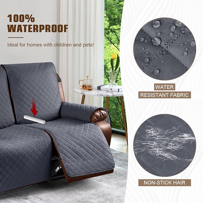 KinCam Waterproof Loveseat Recliner Cover, Non-Slip Reclining Couch Covers for 2 Seat, Recliner Sofa Cover Furniture Protector with Elastic Straps for Kids, Pets, Dark Gray