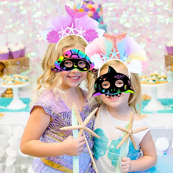 WATINC 30pcs Ocean Animals Scratch Masks for Kids, 6 Styles Summer Paper Scratch Off Art Magic Craft Party Favors Kit, DIY Under The Sea Project for School Classroom Activity Birthday Party