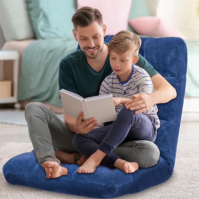 Folding Floor Chair 14-Position Cushioned Adjustable Floor Lazy Sofa Chair w/Breathable Cotton & Skin-Friendly Flannel for Adults & Kids Ideal for Reading Meditating, Navy