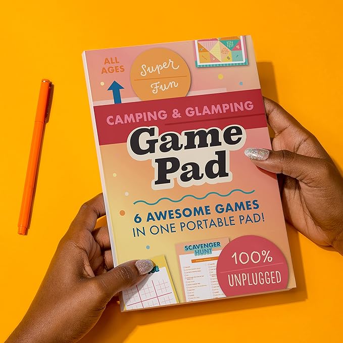 Knock Knock Camping On-The-Go Game Pad, Glamping & Outdoor Activities for Kids, 6 Games (Finish The Doodle, Sudoku, Scavenger Hunt, Super Tic-Tac-Toe, Fortune Teller, Four in a Row), 6 x 9-inches