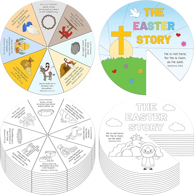 COcnny 24 Sets The Easter Story Craft, Color Your Own Easter Jesus Wheel for Kids, Religious Bible Coloring Cards DIY Crafts Art Game for Sunday School Christian Classroom Home Activities VBS Supplies