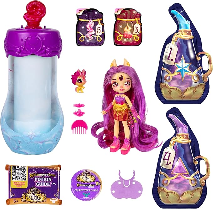 Magic Mixies Pixlings Deluxe Pack, Pippa The Firehorse, Shimmer Reveal, Create & Mix Potion That Magically Reveals 6.5" Pixling Doll Inside Potion Bottle - Exclusive Mini Mixies & 6 Hair Accessories