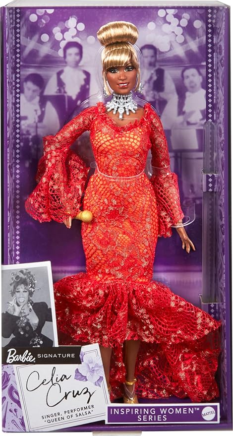 Barbie Inspiring Women Doll, Celia Cruz Queen of Salsa in Red Lace Dress with Golden Microphone, Collectible with Doll Stand & Certificate of Authenticity