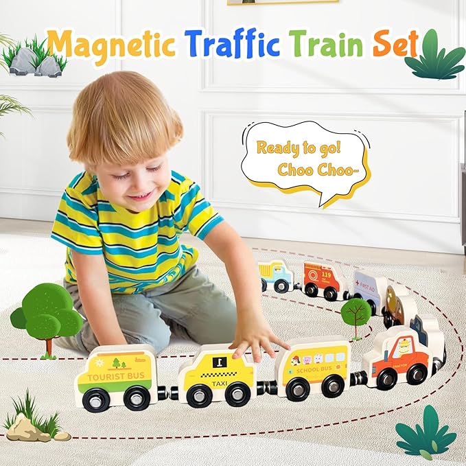 Montessori Toys for Toddler Age 1-3, Toddler Toy Wooden Magnetic Traffic Train Set with Playmat/Storage Bag for Baby Boy, Birthday for 1 2 3 Years Old Boys & Girls