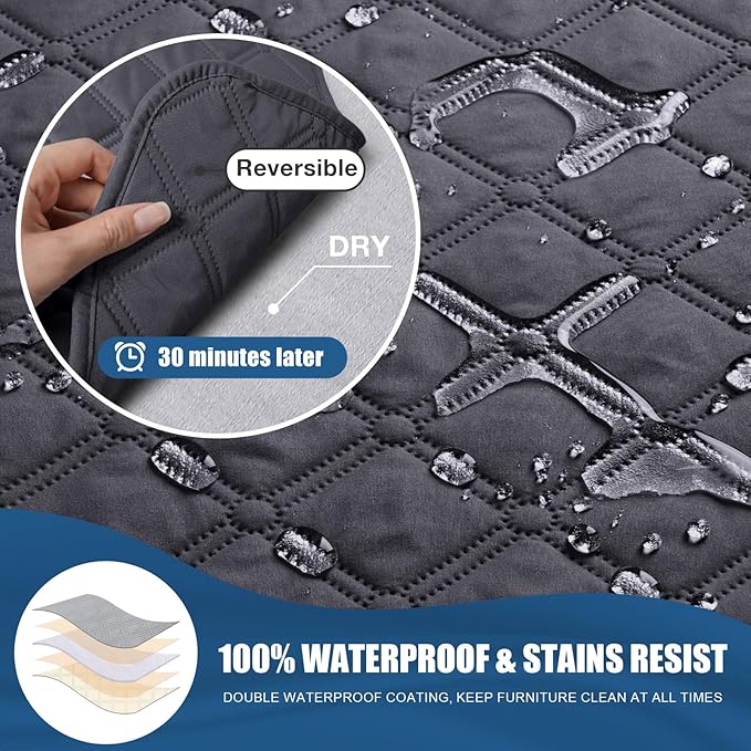 TAOCOCO 100% Waterproof Recliner Covers, Recliner Sofa Covers with Leg Straps, Reversible Recliner Couch Cover for Reclining Chair, Washable Couch Protector for Pets Kids(2 Seater, Charcoal Gray)
