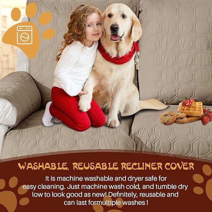 XINEAGE 100% Waterproof Recliner Chair Cover, Non Slip Covers for Recliner Chair with Pocket, Washable Dog Recliner Couch Cover with Elastic Straps (Light Coffee, 30")