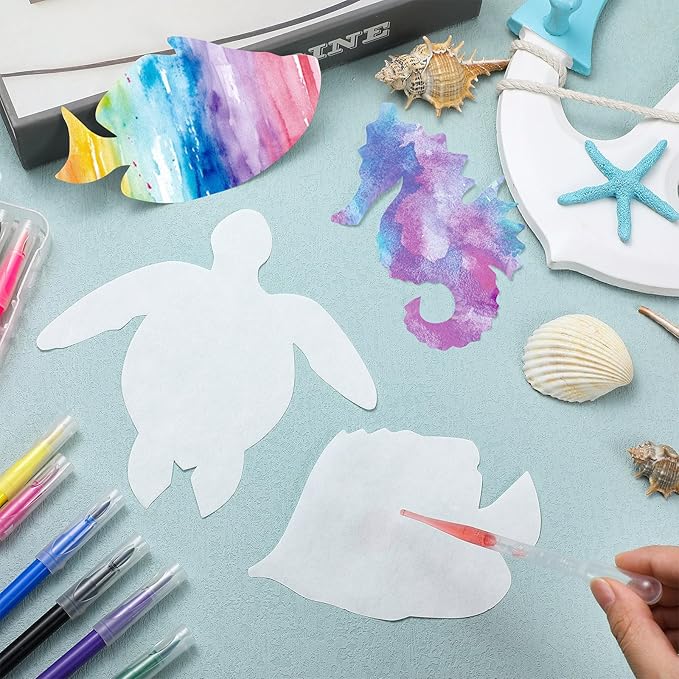 Motipuns 96 Pcs Color Diffusing Paper Sealife 6 Inches Watercolor Sealife Shapes Color Diffusing Paper DIY Sea Turtle Seahorse Fish Coloring Paper Crafts, 4 Styles