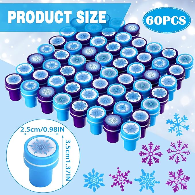 Skylety 60 Pieces Winter Snowflake Stamps for Kids Assorted Colored Frozen Stamps Plastic Snowflake Hand Stampers for Card Making Xmas Holiday Party Favors(Dark Blue, Light Blue)
