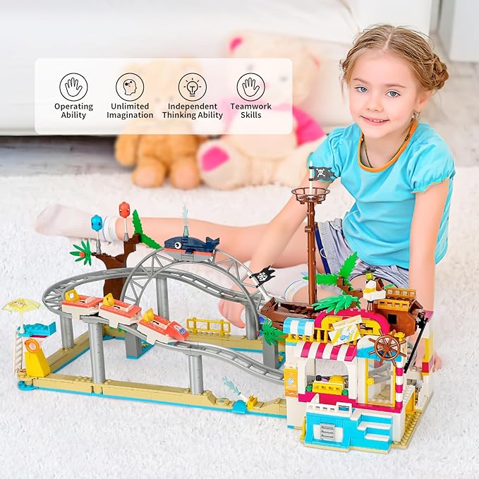 Friends Roller Coaster Amusement Park Building Set, Compatible with Lego for Girls Age 8-12,Theme Park Building with Roller Coaster and Water Park Carnival Building Toys for Girls (648 PCS)