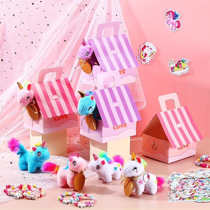 Remuuly Valentines Unicorn Party Favor for Girls Mini Unicorns Stuffed Animals Bulk Plush Keychains Gift Box Bracelet Sticker for Goodie Bag Birthday Students(88 Pcs)