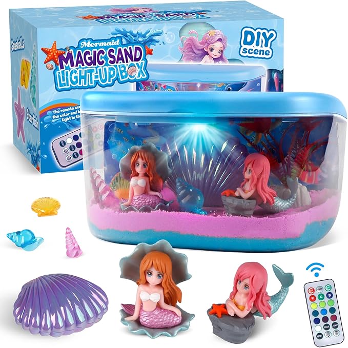 Mermaid Terrarium Light Up Kit for Kids - Birthday Gift for Girls 4-5-6-7-8-11 Year Old, DIY Mermaid Craft Toy with LED Night Light & Remote - Creative Arts and Crafts Gift for Girls Ages 4-12