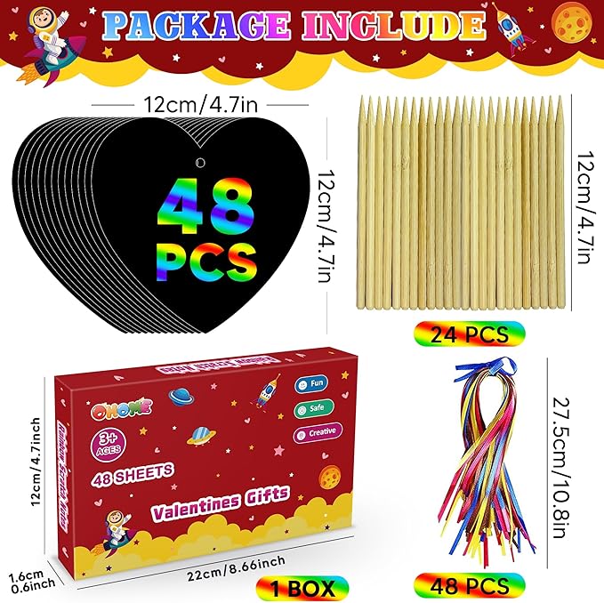 OHOME Valentines Day Crafts for Kids - 48 PCS Valentines Magic Rainbow Scratch Paper Cards Set,Kids Valentines Day Gifts for School Classroom - Valentines Treats Toys Games Party Favors for Toddler