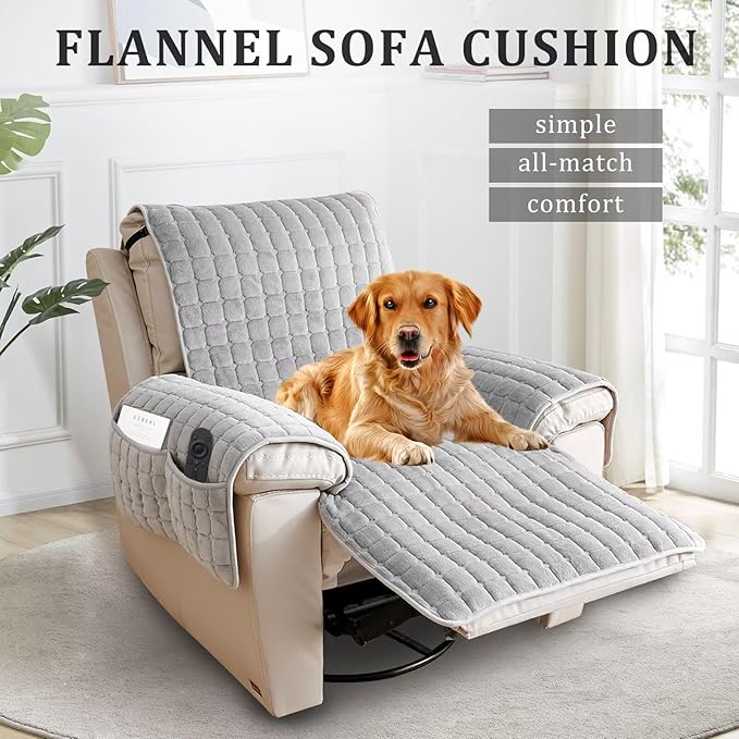 Plush Recliner Slipcover 30 Inches Washable Chair Covers Artificial Wool Lazy Boy Cover Quilted Cover for Recliner Chairs and Furniture,Large Taupe Chair Protector with Side Pocket for Kids/Pets
