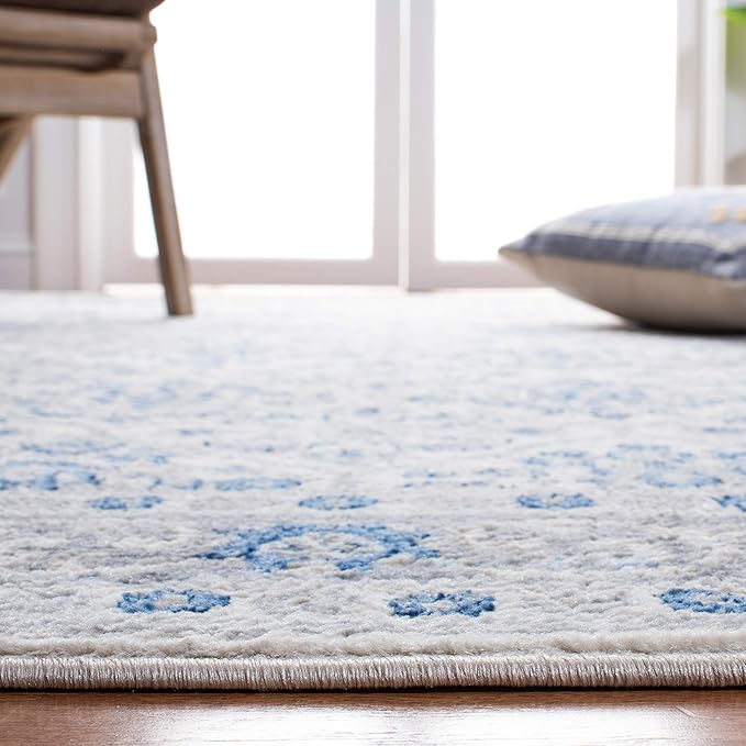 SAFAVIEH Brentwood Collection Area Rug - 9' x 12', Ivory & Blue, Oriental Damask Trellis Design, Non-Shedding & Easy Care, Ideal for High Traffic Areas in Living Room, Bedroom (BNT870A)
