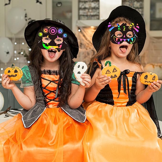 WATINC 28pcs Monster Scratch Mask Gift Set for Kids, Halloween Party DIY Magic Scratch Paper Monster Masks, Xmas Party Favors Craft Kit School Classroom Activity Art Project