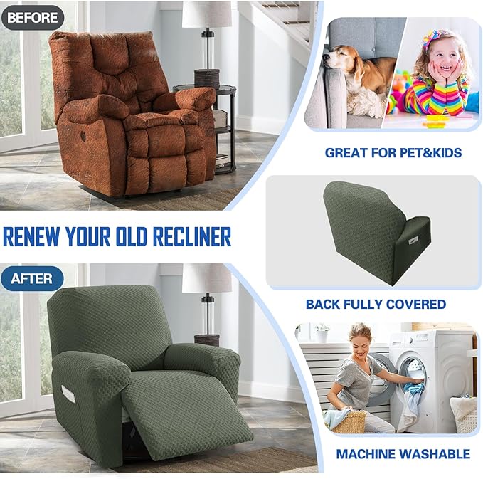 MAXIJIN Recliner Cover Slipcovers for Living Room 4 Pieces Stretch Jacquard Recliner Chair Cover Soft Fitted Recliner Protector with Elastic Bottom for Kids, Pets (Recliner, Army Green)