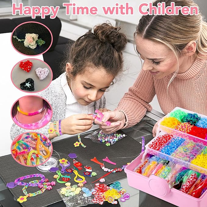 Needbrock 18500+ Bracelet Making Kit Rubber Band, 26 Colors Rubber Band Bracelet Kit Includes 800 Pcs Glow-in-The-Dark Rubber Bands, Bracelet Making Kit Valentines Gifts for Kids Age 8 Above(Pink)