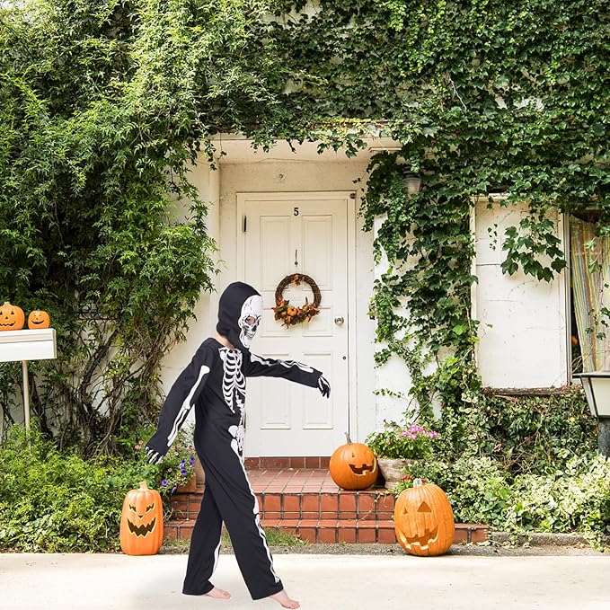 Leadtex Kids Glow in the Dark Skeleton Halloween Costume, All in One Skeleton Printed Jumpsuit with Hood and Gloves.