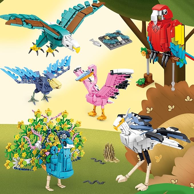 KAZI Bird Building Toy Set,Parrot,Peacock,Fun Building Blocks for Kids Ages 8 and Up,Build and Display Birds Model for Bird Enthusiasts,Easter Basket Stuffers,Gift for Birds Lovers,Party Favors