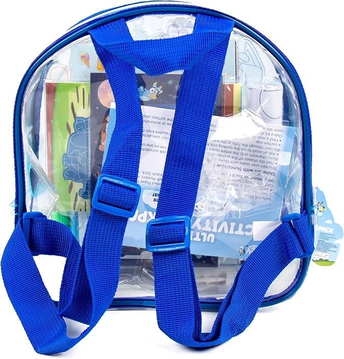 Bluey Ultimate Activity Backpack, 10+ Activities, Includes Backpack with 4 Sticker Suncatchers with 4 Suction Cups, 4 Surprise Scratch Arts, 2 Velv-its Posters, 1 Coloring Roll, 4 Markers, Kid Gifts