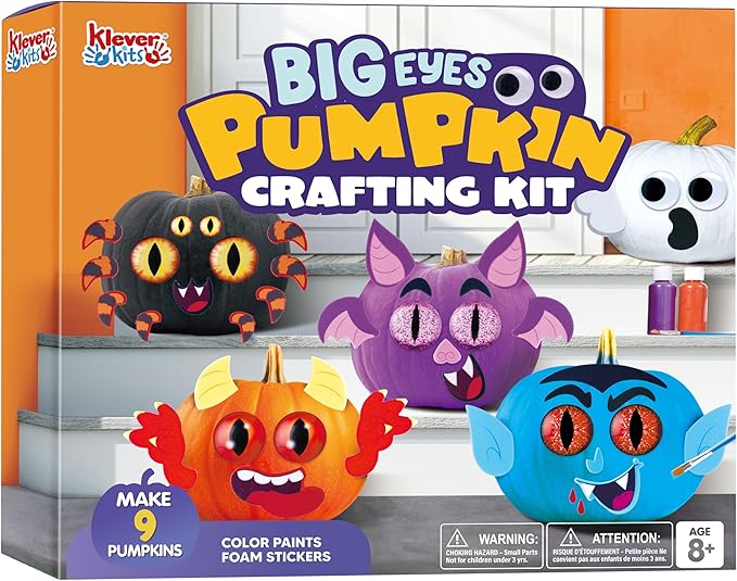 Klever Kits Halloween Pumpkin Painting Decorating Kit for Kids, Art and Craft Party Favors, Halloween Party Games Classroom Activities, DIY Coloring Set with 9 Characters Designs and Realistic Eyes