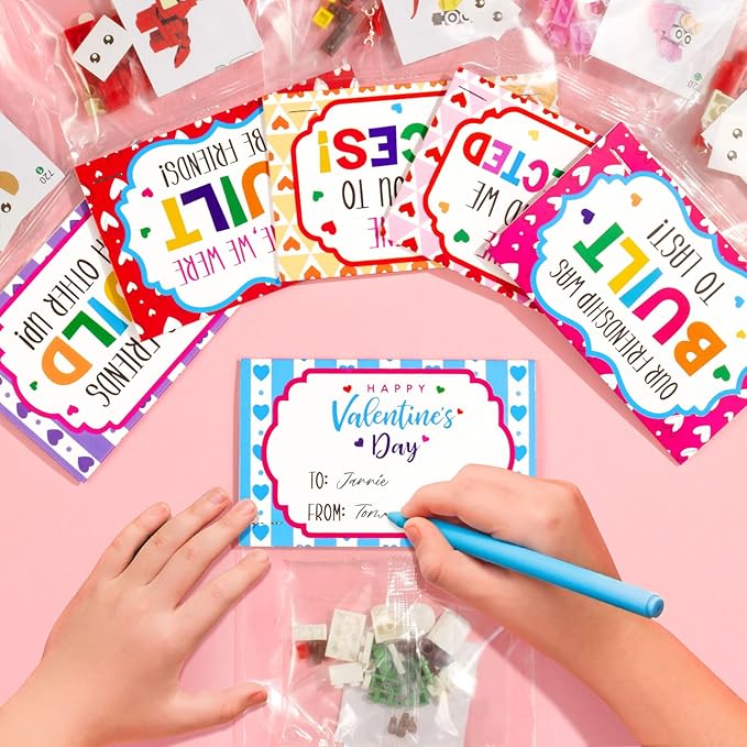 Valentines Day Gifts for Kids - 24 Pack Animal Building Block Set with Valentines Day Cards for Kids Classroom School, Kid Party Favors Goodie Bags Bulk Classmate Exchange Gift Classroom Prize