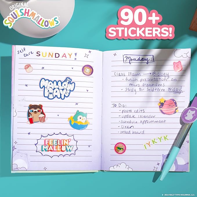 Original Squishmallows Squishy Diary Set, Includes 5 x 7 Diary, 60 Sheets, Kawaii Stickers, Pen, Fun Journaling Kit & Sketchbook for Kids, School Supplies, Journal for Girls