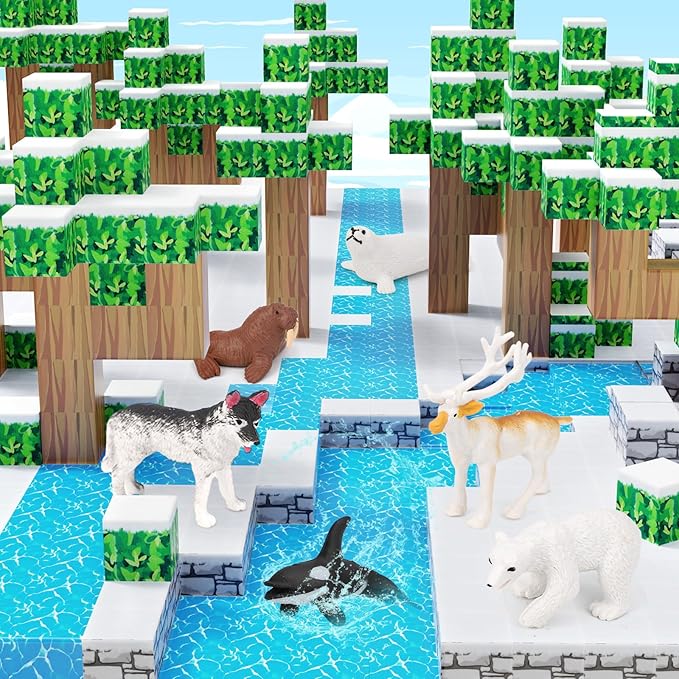 Magnetic Blocks 110PCS with 6 Animal Toys, Snow World Building Blocks Set, Toys for Boys & Girls Age 4-6,5-7,6-8, Stacking Building Toys for Toddlers & Kids 3+