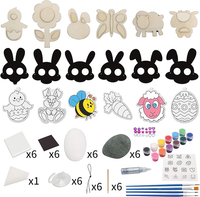 JOYIN 48 PCS Easter Craft Kit Easter Assorted DIY Painting Kit Includes Rocks, Scratch Art Masks, Wooden Eggs and Magnets for Kids Creativity Easter Basket Stuffers, Easter Party Favor, Easter Events