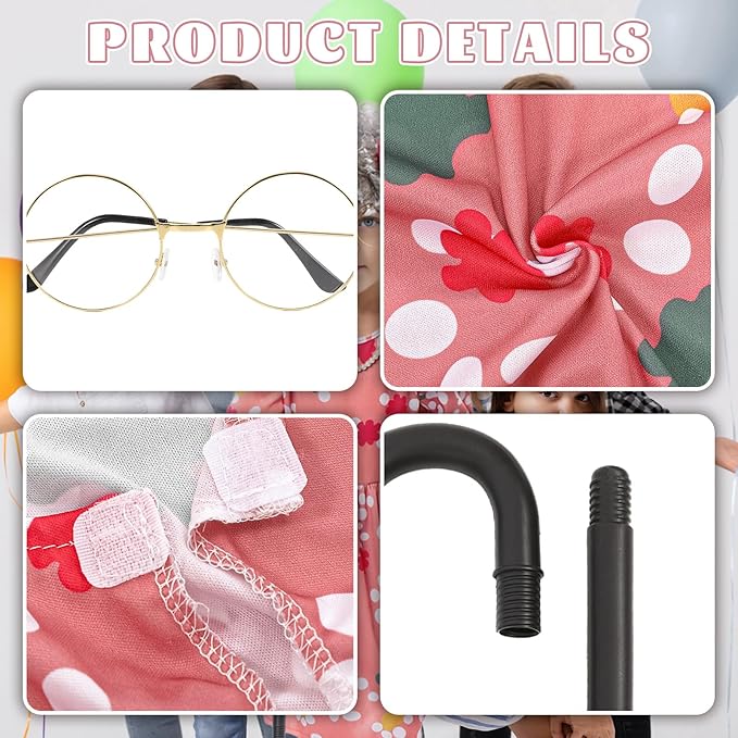 Old Lady Costume for Kids Girls, 9Pcs 100th Days of School Grandma Outfits with Wig Cane, Granny Cosplay Dress Up