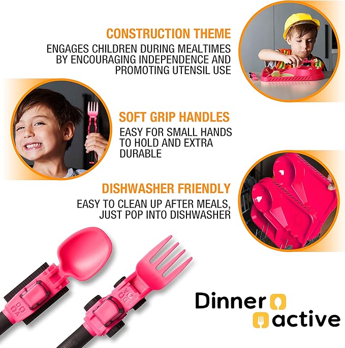 Dinneractive Utensil Set for Kids – Construction Themed Toddler Forks and Spoons, Toddler Utensils – 2PC Set – Fuchsia Construction Utensils For Toddlers - Loader & Tractor Toddler Spoons and Forks