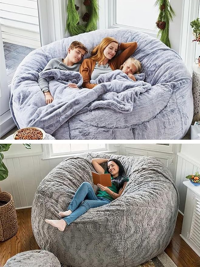 Bean Bag Chairs for Kids Comfy Fluffy Bean Bag Chair Covers Only (No Filler) Round Sofa Chairs for Bedroom Living Room Decor, 5FT, Blue