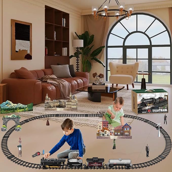 Electric Remote Control Train Set Christmas Trains Steam Locomotive, Cargo Car & Tracks, Rechargeable Train Toys for Kids w/3 Smoke,Whistle & Lights, Christmas Birthday Gift for Boys Girls 3 4 5 6 7