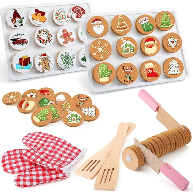Soaoo 2 Sets Slice and Bake Wooden Christmas Cookie Play Food Set Pretend Cookies and Baking Sheet Wooden Play Food Set Baking Set for Kids(Christmas Style)