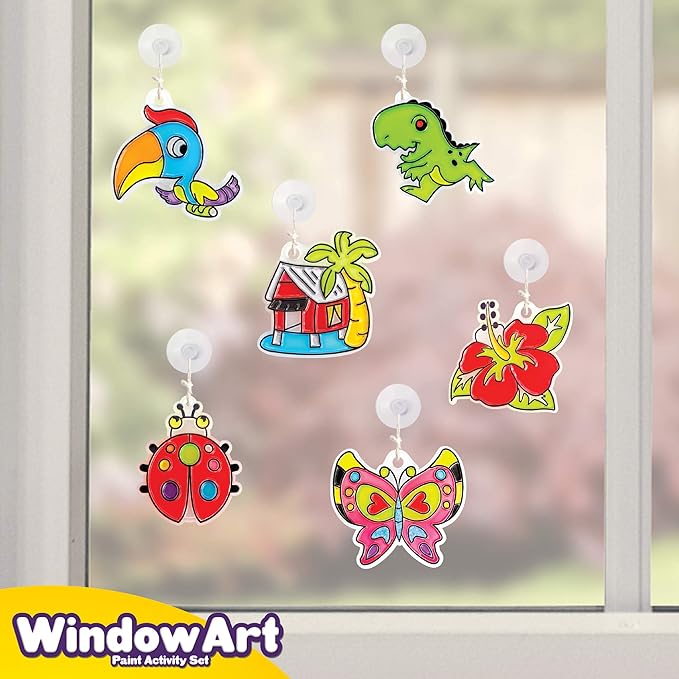 Creative Kids Window Paint Art Kit – Make Your Own Suncatchers Set – 24 Sun Catchers, 24 Suction Cups & 11 Paints – Suncatchers for Kids to Paint - DIY Window & Mirror Arts & Crafts Kit Children