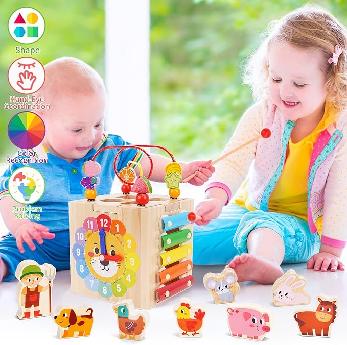 Toddler Wooden Activity Cube Toys, Montessori Toys for 1 2 3 Year Old Boy Girl, Educational Learning Toys for Toddlers 1-3 2-4 Years, Sensory Infant Toys First 1st 2st one two Christmas Birthday Gifts