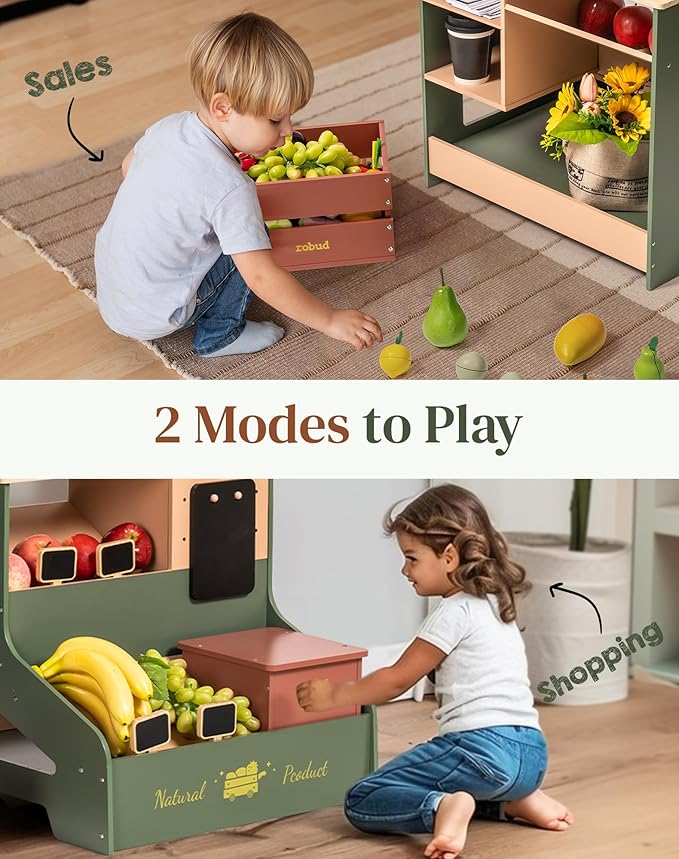 ROBUD Pretend Play Grocery Store with Lights, Supermarket Playset for Kids, Interactive Wooden Play Market Stand, Gift for 3+ Kids Boys Girls (Vintage Green)