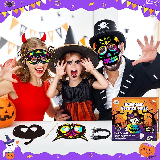 ZMLM Halloween Scratch Mask for Kid: 24 Pcs Rainbow Scratch Paper Mask Craft Kit Halloween Themed DIY Art Craft Mask for Girl Boy Age 3 4 5 6 7 8 9 Year Old Bat Pumpkin Gift Party Favor Set