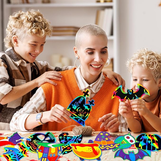 Max Fun Halloween Craft Scratch Paper Art for Kids Party Games Ornaments 96PCS Magic Rainbow Scratch Off Cards Paper Hanging Educational Toys Kit Halloween Party Supplies Birthday Gift
