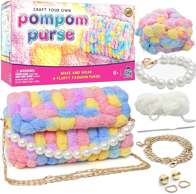 PURPLE LADYBUG Make Your Own Pom Pom Purse Kit – Arts and Crafts for Kids Ages 6-8, Girl Gift Ideas for Ages 6-10, Birthday or Easter Gifts for Girls