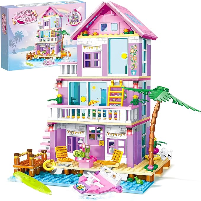 Beach House Building Set, Seaside Villa House Building Toys Compatible with Lego Friends Sets for Girls Age 8-12, Creative Holiday Cottage Building Kit, Birthday, Valentine's Day