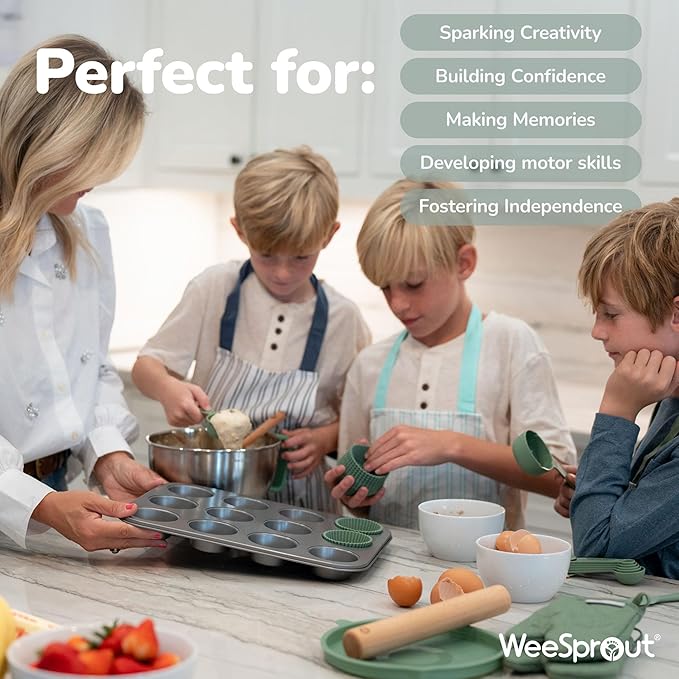 Ultimate Baking Kit for Kids - Kids Baking Set with Child Sized Utensils - Includes Apron, Oven Mitts, Silicone Mats & Liners - Perfect Cooking Set for Kids Ages 6-12 - Gift for Children – Mint