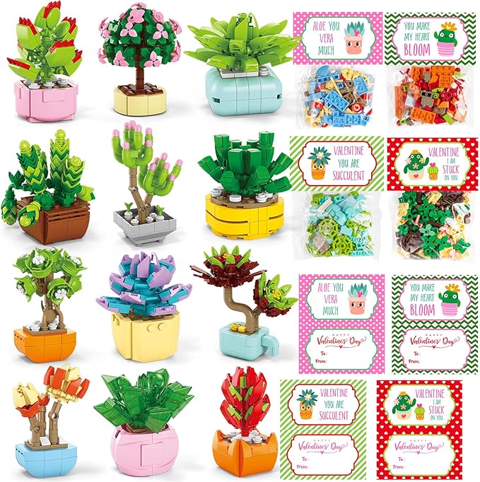 Valentines Day Gifts for Kids 6-12, 24 Pack Succulents Flower Bouquets Building Blocks with Gift Cards for School Classroom, Bulk Boy Girl Class Valentine Party Favors Exchange Gift Goodie Bag Stuffer