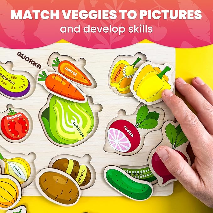 QUOKKA Wooden Puzzles for Toddlers 1-2 – 4 Set Pegged Puzzles for Kids Ages 1-2 – Veggies Learning Toy for Kids – Gift Realistic Educational Game for Boy and Girl