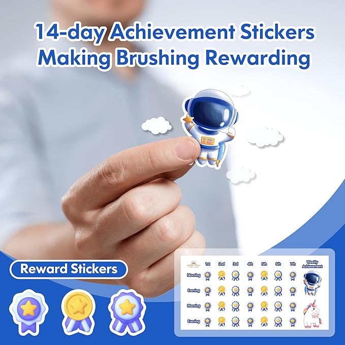 Kids Electric Toothbrush Rechargeable Age 3-5-6-12-18 Year Old, Sonic Toothbrush Kids with Timer 3 Modes 4 Vibrating Heads Habit Stickers Tooth Brush for Girls Boys and Childrens (Astronaut Black)