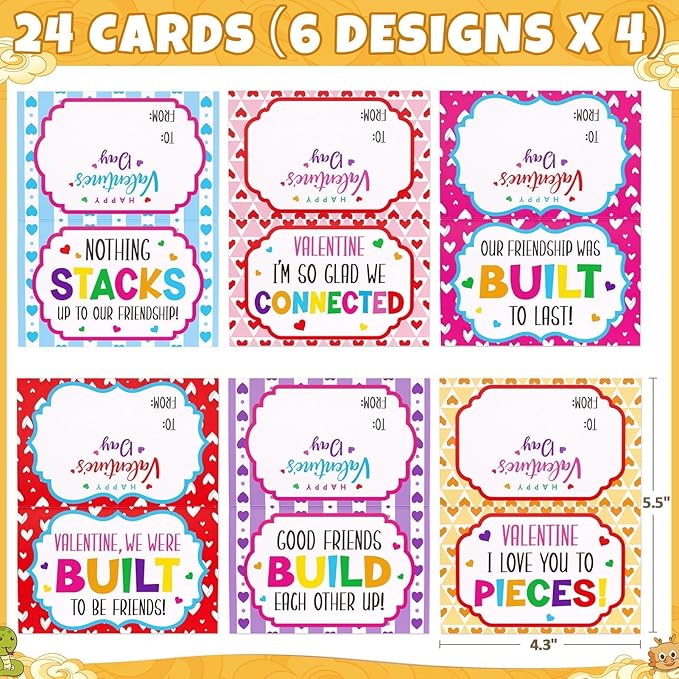 Valentines Day Gifts for Kids - 24 Pack Animal Building Block Set with Valentines Day Cards for Kids Classroom School, Kid Party Favors Goodie Bags Bulk Classmate Exchange Gift Classroom Prize