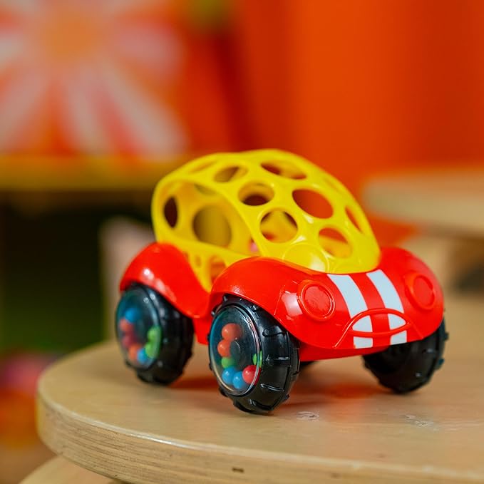Bright Starts Oball Easy Grasp Rattle & Roll Buggie BPA-Free Push Car Infant Crawling Toy, 1 Pack, Age 3 Months and up, Red/Yellow