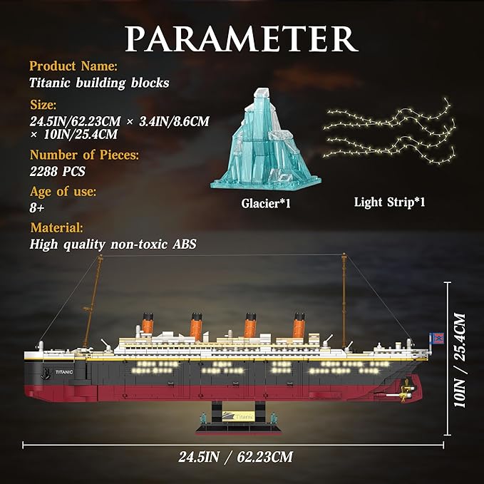 Titanic Building Set, 2288 Pcs Titanic Big Ship Model Block Set with Glacier and Glowing Light Strip, Giant Ship Building Model Set for Adults and Kids